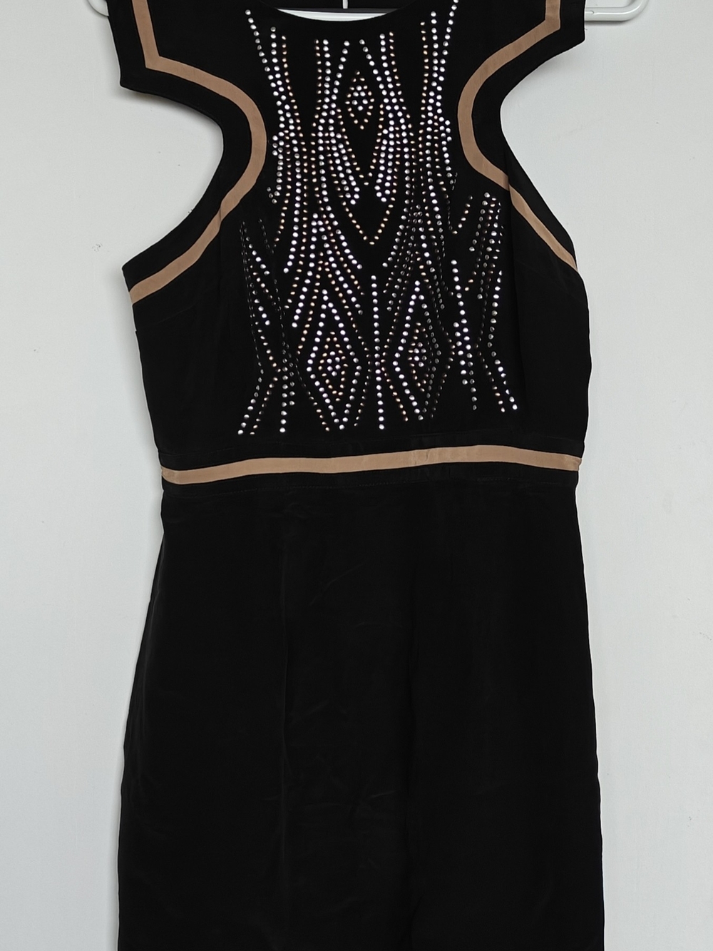 SEDUCE Black and Tan Midi Dress with Studded Front, 36" Length, Silk